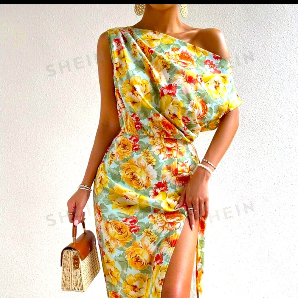 Off-Shoulder Floral Spring Dress with Split